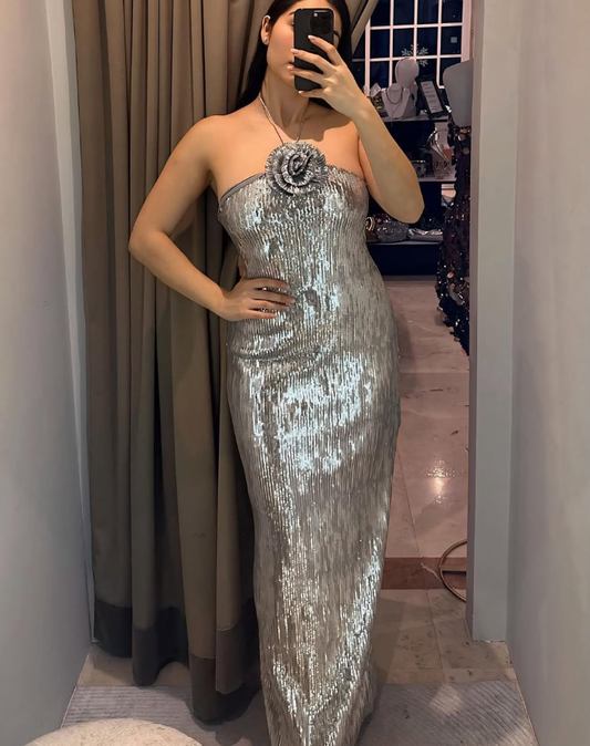 Sexy Sheath Halter Sequin Long Open Back Prom Dress Evening Dress DP1624