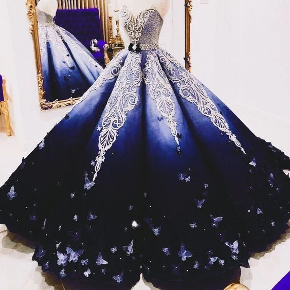 Stunning Ombre Blue Princess Quinceanera Dress Crystal Beads  Butterfly Lace Appliques Ball Gown Prom Dress DP687