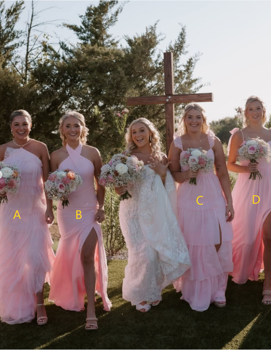 Sweety Pink A Line Straps Layered Chiffon Long Prom Dress Bridesmaid Dress with Slit DP4984