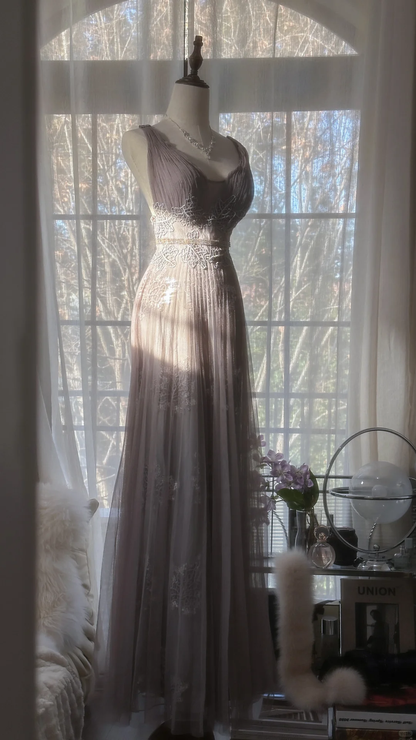 Stunning A Line V Neck Appliques Purple Tulle Long Prom Dress Evening Dress DP2467