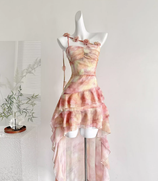 Multi-color Pink A Line One Shoulder Layered Chiffon Vacation Dress Homecoming Dress Outfits DP3543