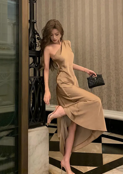 Simple A Line One Shoulder Brown Satin Long Prom Dress Evening Dress DP4262