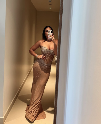 Sexy Champagne Mermaid Strapless Rhinestone Satin Prom Dress Evening Dress DP4402