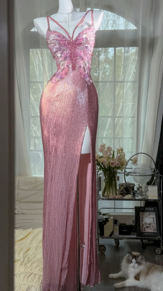 Stunning Pink Butterfly Sheath Beaded Long Prom Dress Graduation Prom Dress with Slit DP4944