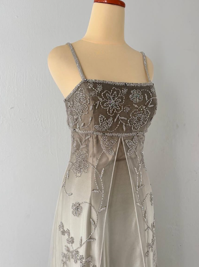 Vintage Unique A Line Spaghetti Strap Beaded Satin Tulle Prom Dress DP4827