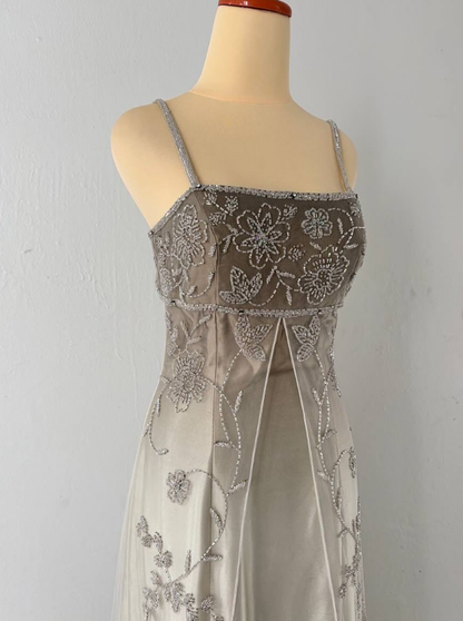 Vintage Unique A Line Spaghetti Strap Beaded Satin Tulle Prom Dress DP4827