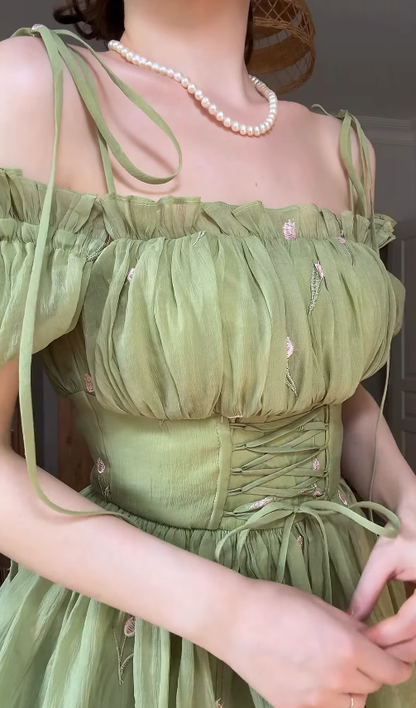 Green A Line Off the Shoulder Embroidery Floral Chiffon Prom Dress Outfits DP4434