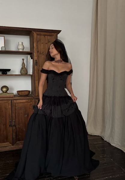 Black Ball Gown Off the Shoulder Satin Lace Prom Dress 16th Birthday Dress DP4281