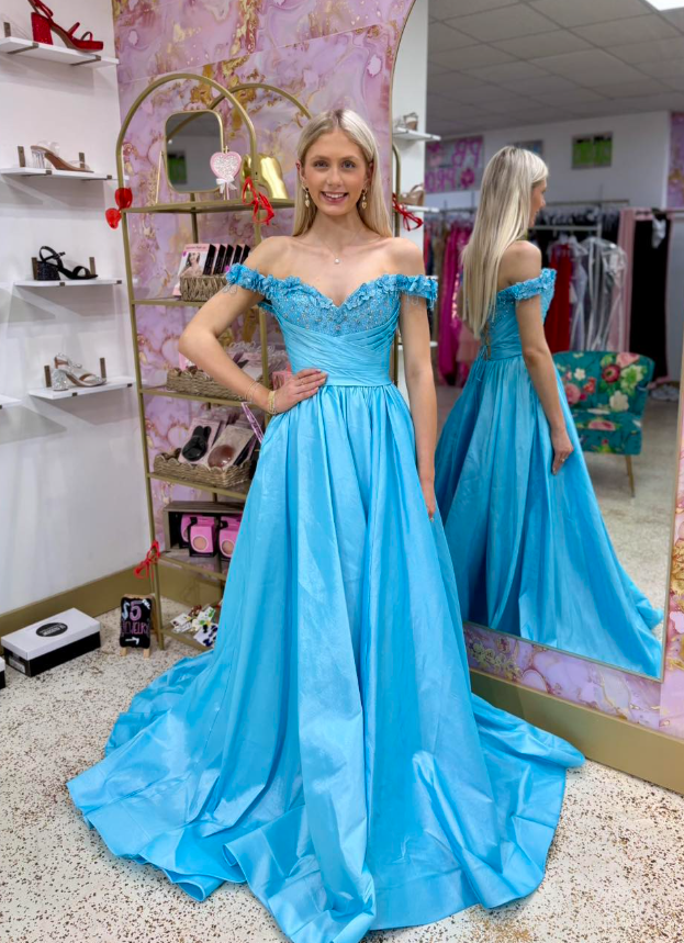 Elegant Blue A Line Off the Shoulder Beaded Satin Long Prom Dress Evening Dress DP6261