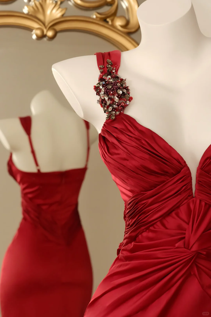Vintage Red Sheath V Neck Beaded Satin Short Prom Dress Homecoming Dress DP5441