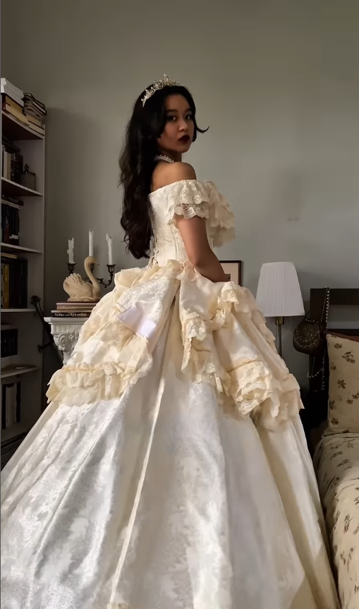 Apricot Ball Gown Off the Shoulder Layered Lace Satin 16th Birthday Dress Quinceanera Dress DP4439