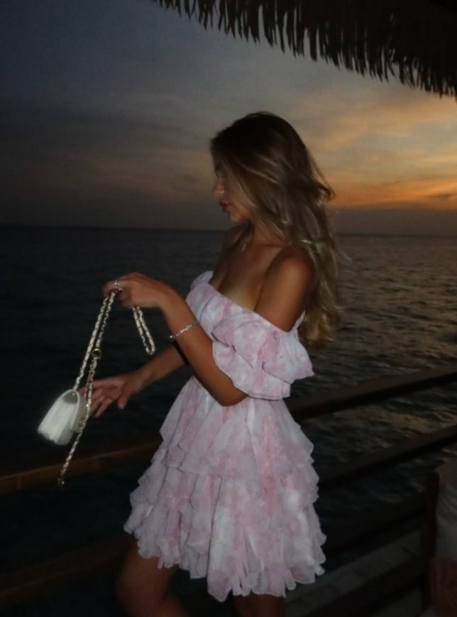 Pink Print Floral A Line Off the Shoulder Ruffle Chiffon Short Homecoming Dress Outfits DP3029