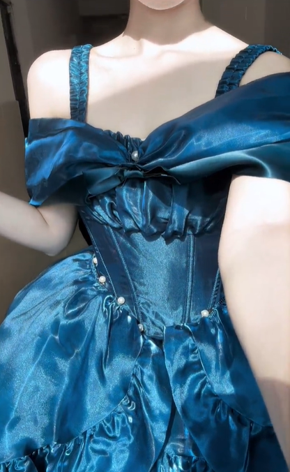Stunning Blue A Line Off the Shoulder Bow Satin Short Prom Dress Homecoming Dress DP4559