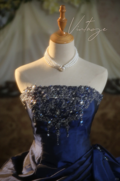 Vintage Ball Gown Strapless Beaded Layered Navy Blue Satin Prom Dress 16th Birthday Dress DP4141