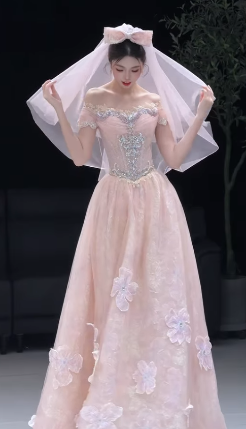 Princess Pink Ball Gown Off the Shoulder Beaded Tulle Long Prom Dress DP7868