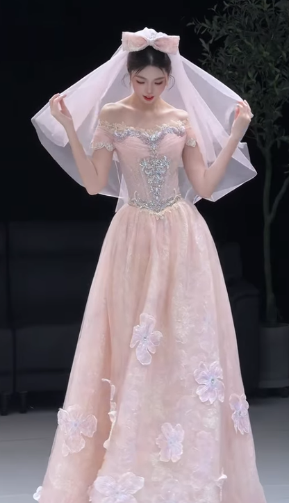 Princess Pink Ball Gown Off the Shoulder Beaded Tulle Long Prom Dress DP7868