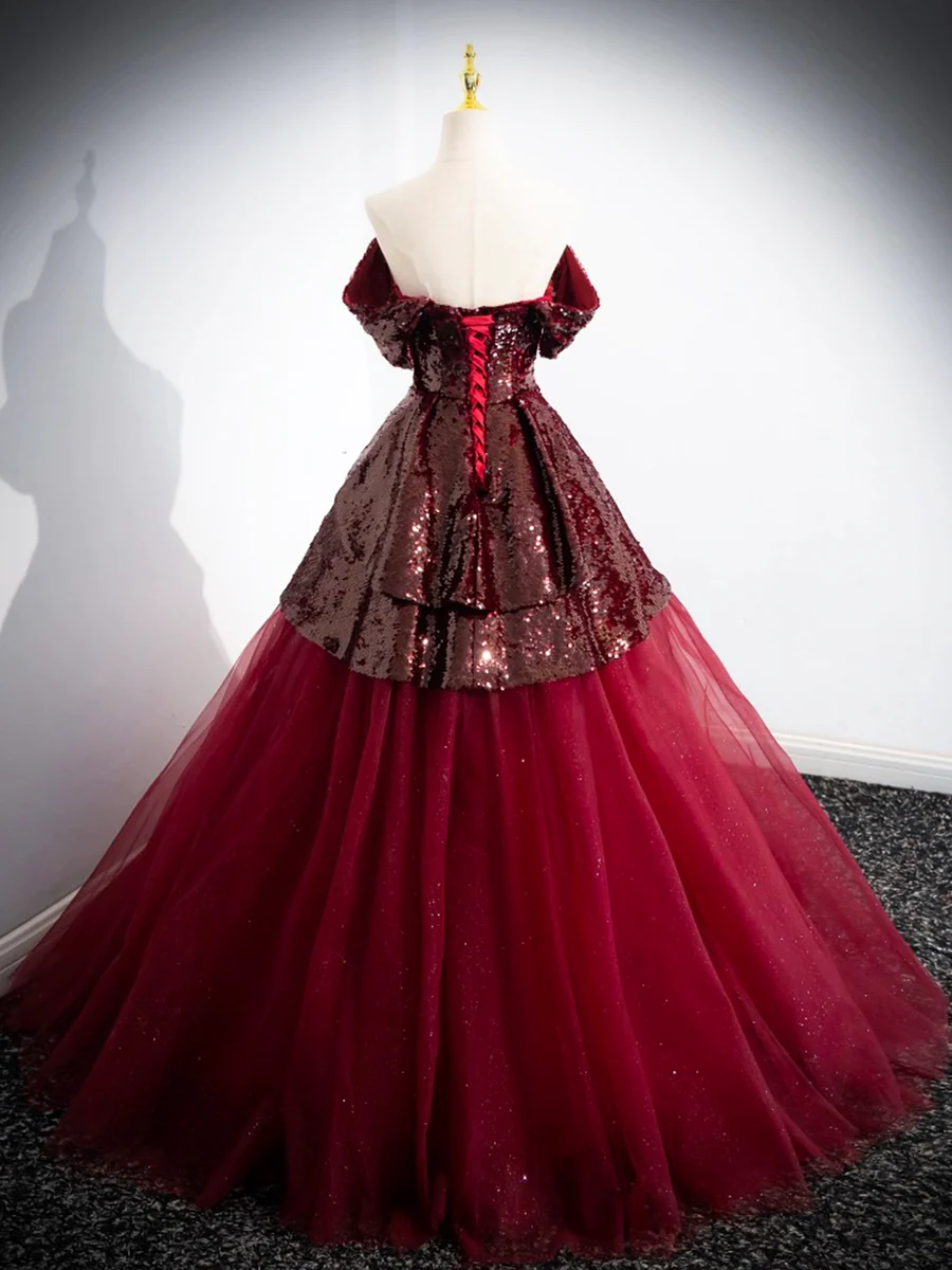 Off The Shoulder Burgundy Tulle Sequins Prom Dress Formal Evening Dress DP259