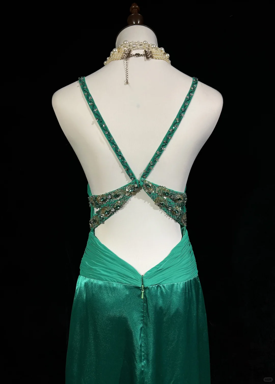 Vintage V Neck Beaded Hunter Green Satin Chiffon Long Prom Dress Party Dress DP2768