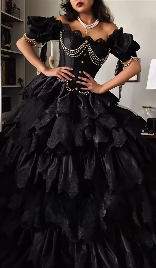 Black Ball Gown Puff Pearl Layered Lace Satin 16th Birthday Dress Quinceanera Dress DP4437
