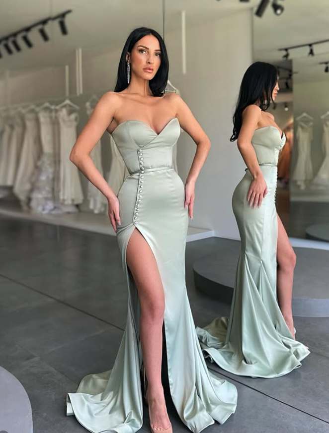 Light Sage Green Mermaid Sweetheart Neck Satin Slit Prom Dress Evening Dress DP5399
