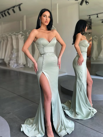 Light Sage Green Mermaid Sweetheart Neck Satin Slit Prom Dress Evening Dress DP5399