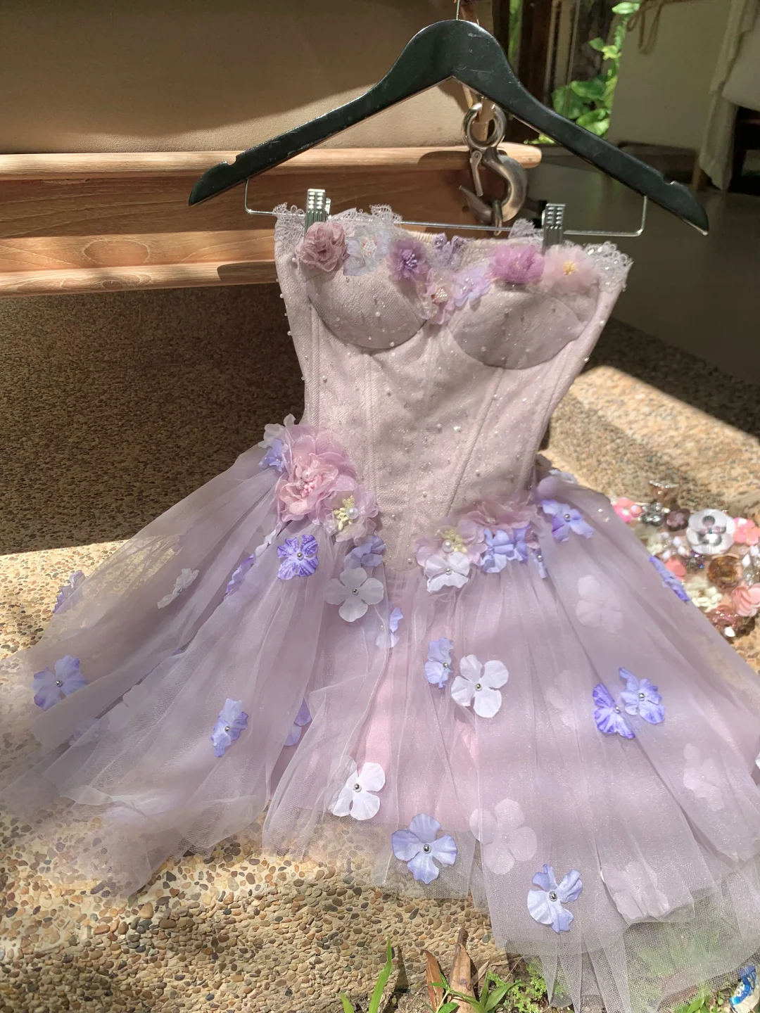 Dreamy Purple A Line Strapless Floral Tulle Short Prom Dress Homecoming Dress DP5460