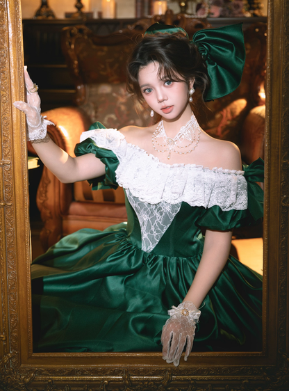Classic Ball Gown Off the Shoulder Lace Green Satin Prom Dress 16th Birthday Dress DP3567