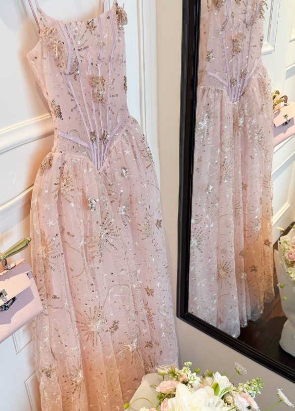 Dreamy Pink A Line Spaghetti Straps Embroidered Beaded Tulle Prom Dress Evening Dress DP6135
