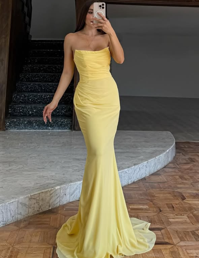 Pretty Yellow Sheath Strapless Chiffon Prom Dress Evening Dress Date Dress DP6192