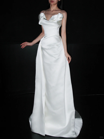 High-class Unique A Line Strapless White Satin Long Wedding Dress DP6377