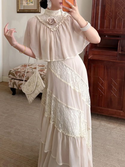 Vintage A Line High Neck Lace Chiffon Long Prom Dress Evening Dress DP6466