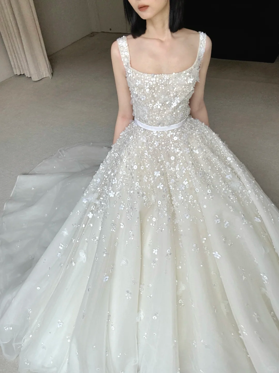 Pretty Ball Gown Straps Beaded Sequin White Tulle Satin Long Wedding Dress DP4470