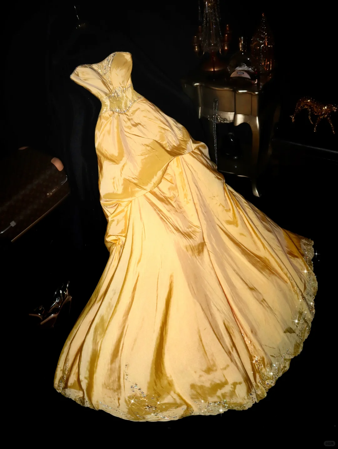 Bright Yellow A Line Strapless Beaded Satin Prom Dress Party Evening Dress DP5343