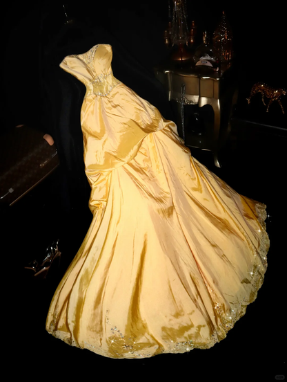Bright Yellow A Line Strapless Beaded Satin Prom Dress Party Evening Dress DP5343