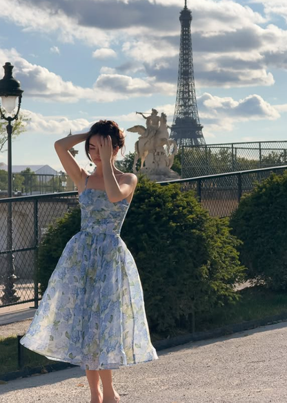 Blue Print Floral A Line Spaghetti Strap Chiffon Prom Dress Evening Dress DP6030