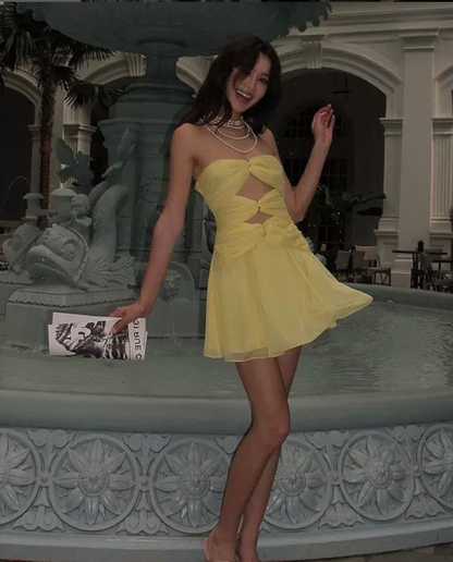 Cute Yellow A Line Sweetheart Neck Chiffon Short Homecoming Outfits DP4259