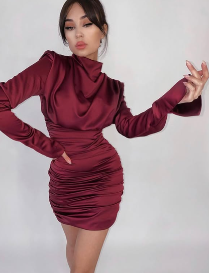 Sexy Burgundy Sheath Long Sleeve Pleated Satin Short Homecoming Dress Cocktail Dress DP3857
