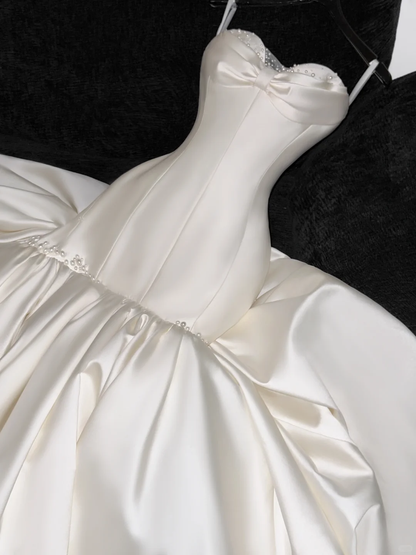 Elegant Mermaid Sweetheart Neck Pearl White Satin Long Sweep Wedding Dress DP2561