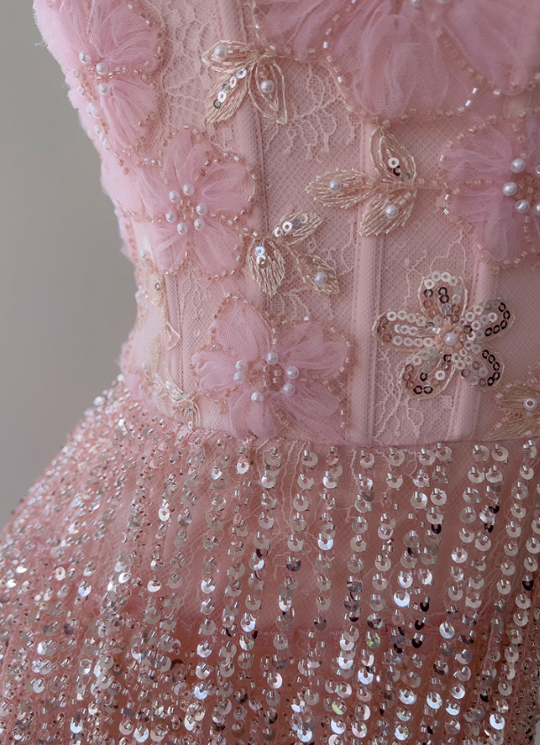 Gentle Pink Sheath Straps Exquisite Beaded Tulle Prom Dress Party Dress Date Dress DP4460