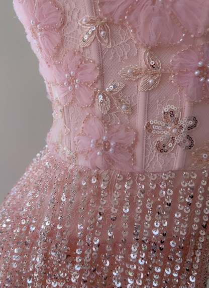 Gentle Pink Sheath Straps Exquisite Beaded Tulle Prom Dress Party Dress Date Dress DP4460