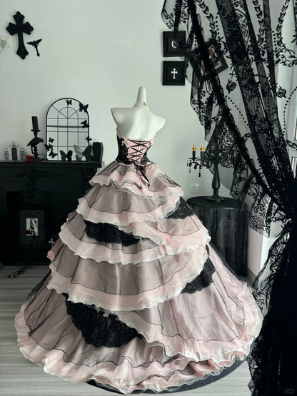 Black-pink Ball Gown Strapless Layered Organza Prom Dress Quinceanera Dress DP6969