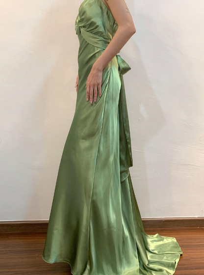 Vintage Sheath Halter Green Satin Open Back Prom Dress Evening Dress with Bow DP1604