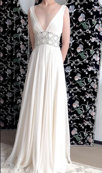 Gentle White A Line V Neck Beaded Chiffon Long Prom Dress Evening Dress DP5148