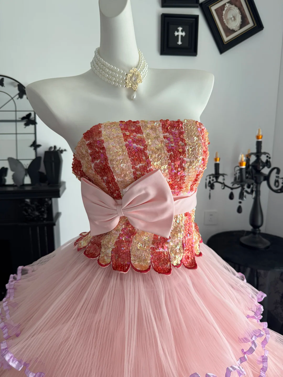 Sweety Pink Ball Gown Strapless Sequin Layered Tulle Prom Dress Quinceanera Dress DP6952