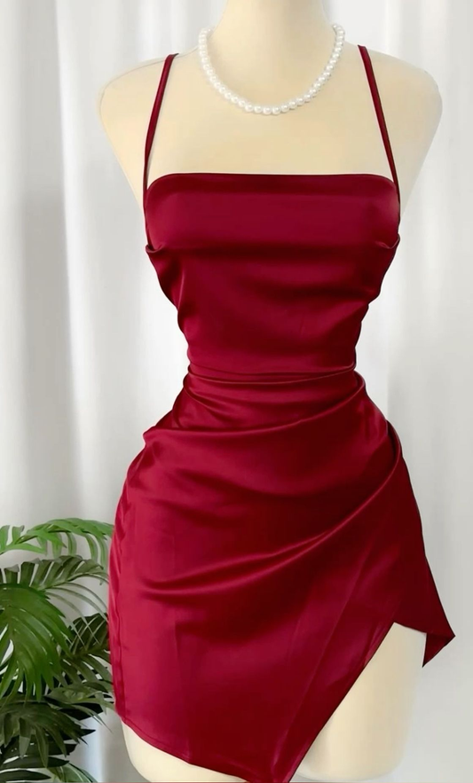 Simple Burgundy Sheath Satin Homecoming Dress Mini Prom Dress DP503