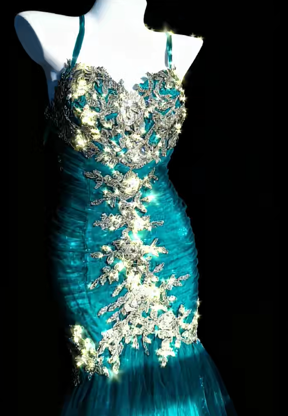 Vintage Mermaid Spaghetti Straps Appliques Blue Tulle Prom Dress Evening Dress DP4724