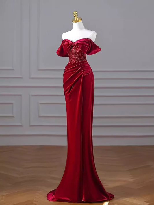 Elegant Mermaid Burgundy Velvet Prom Dress Evening Dress DP095