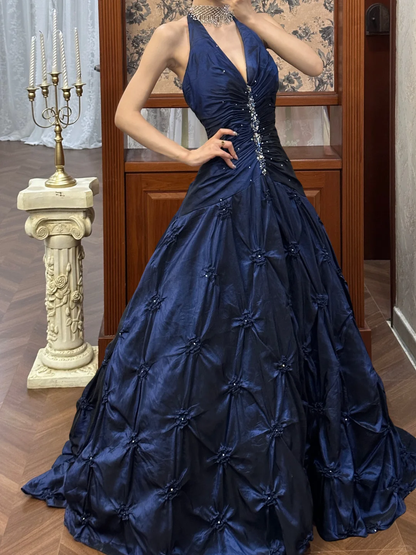 Vintage Navy Blue A Line Halter Beaded Pleated Satin Long Prom Dress DP4822