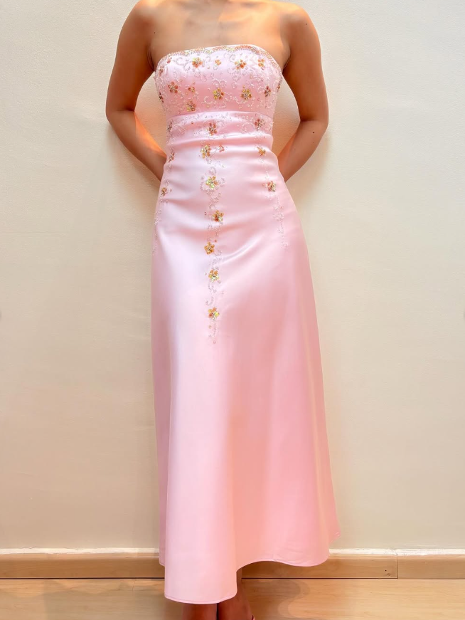 Pink A Line Strapless Sequin Beaded Satin Prom Dress Evening Dress DP1608
