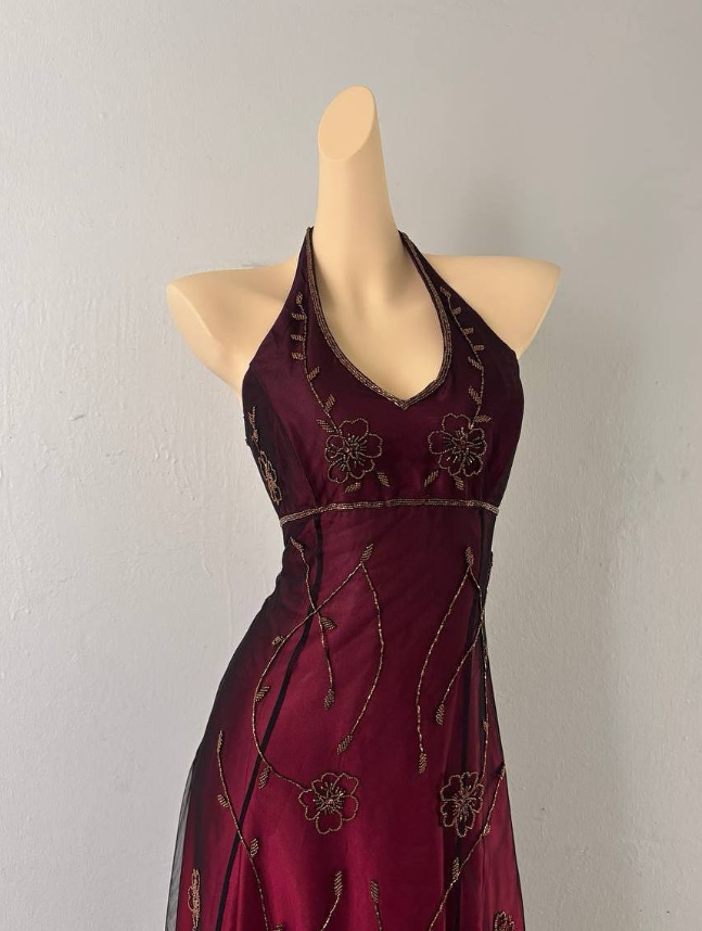 Vintage A Line Halter Beaded Burgundy Satin Black Tulle Prom Dress DP4828